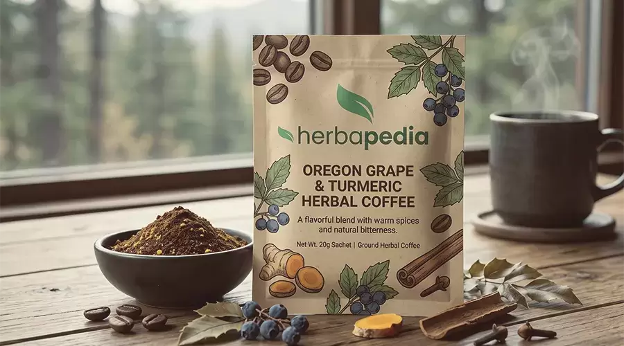 Konsep Produk Oregon Grape & Turmeric Herbal Coffee